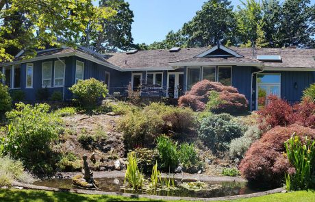 Beautifully landscaped backyard and pond with a large blue painted house in the background