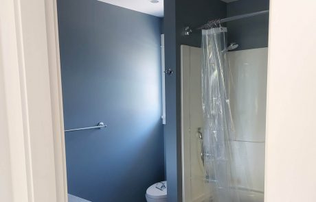 bathroom with dark grey painted walls of an oak bay home in victoria