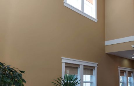 high ceiling living room painting in tan colour with white accents and window frames
